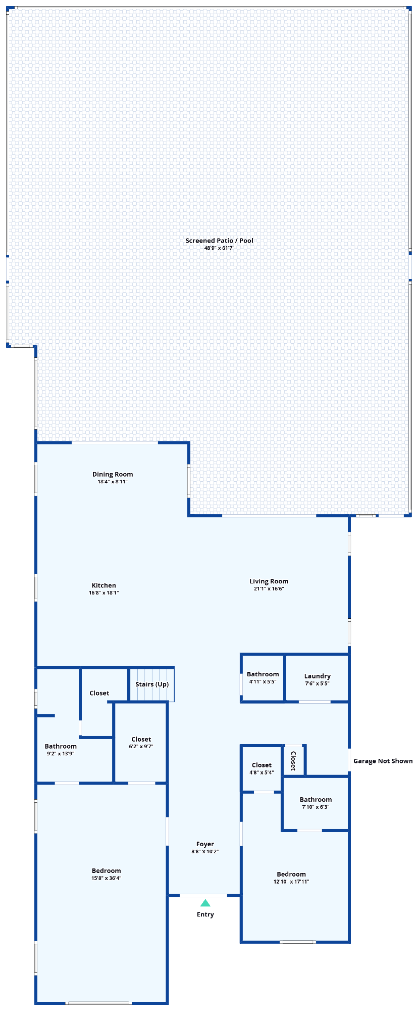 Architectural floor plan showing the 4,948 sqft layout: primary suite, three additional bedrooms, kitchen, living room, screened patio and pool footprint, and the three-car garage